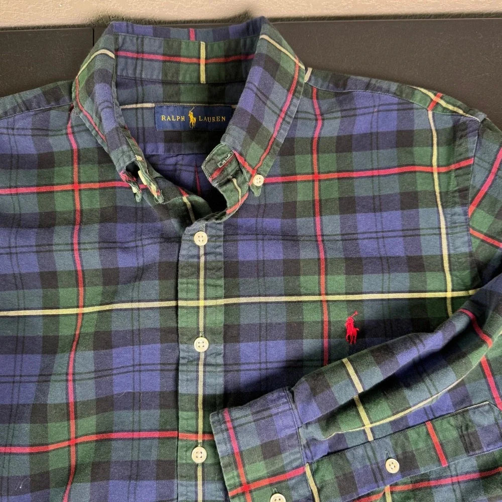 Ralph Lauren Mens Large Plaid Button Down Shirt Blue Green Cotton Long Sleeve